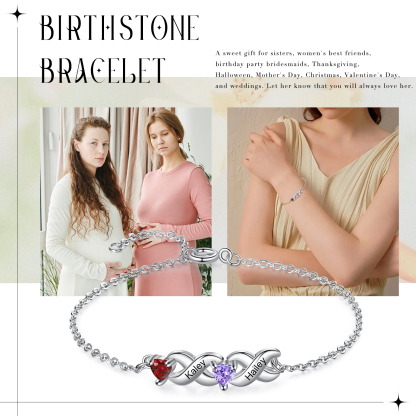 Pulsera infinito personalizada con 2 nombres y 2 piedras de nacimiento de corazón-Jessemade ES