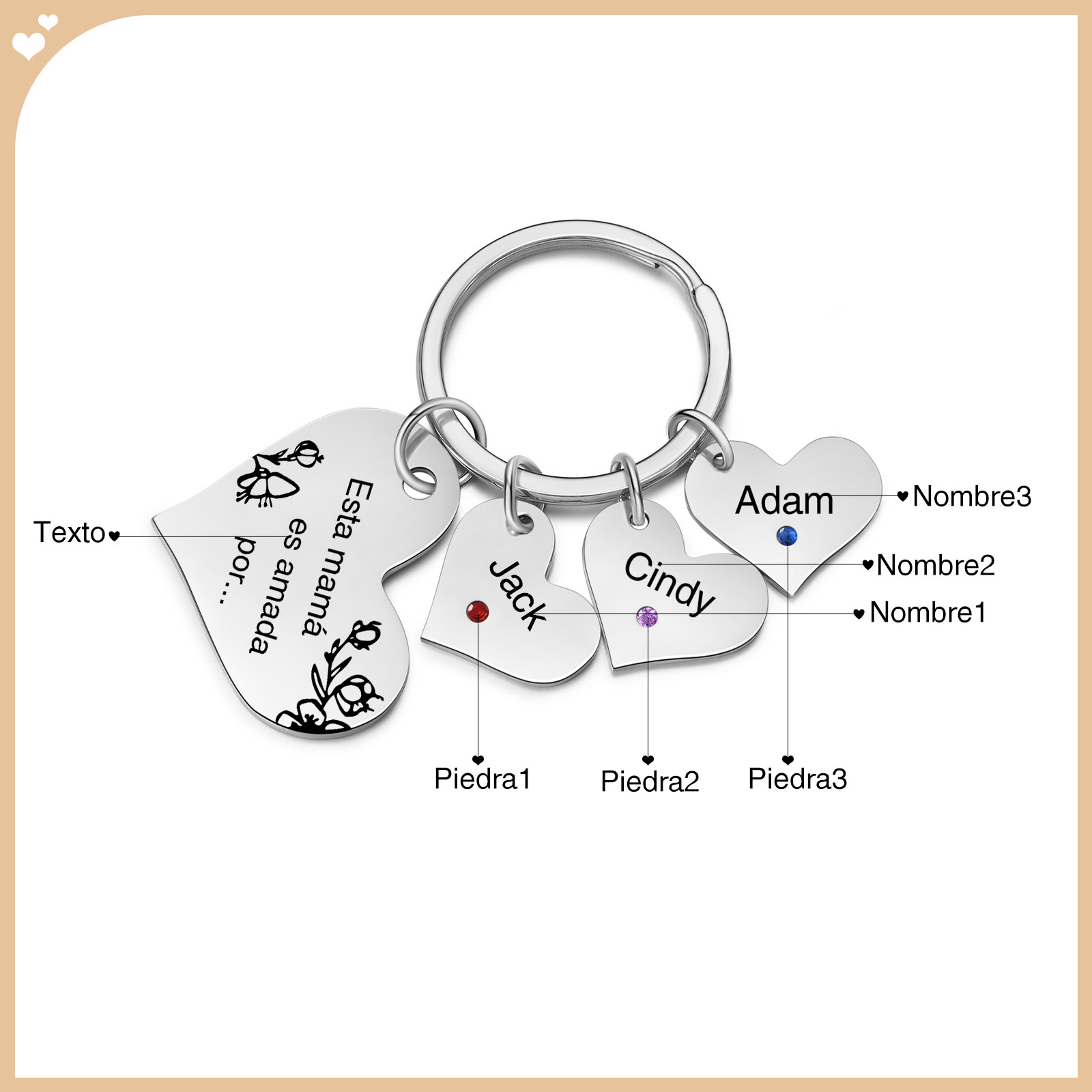 A mi mamá/abuela - Llavero con 3 nombres y piedras de nacimiento personalizados en corazones con texto-Jessemade ES