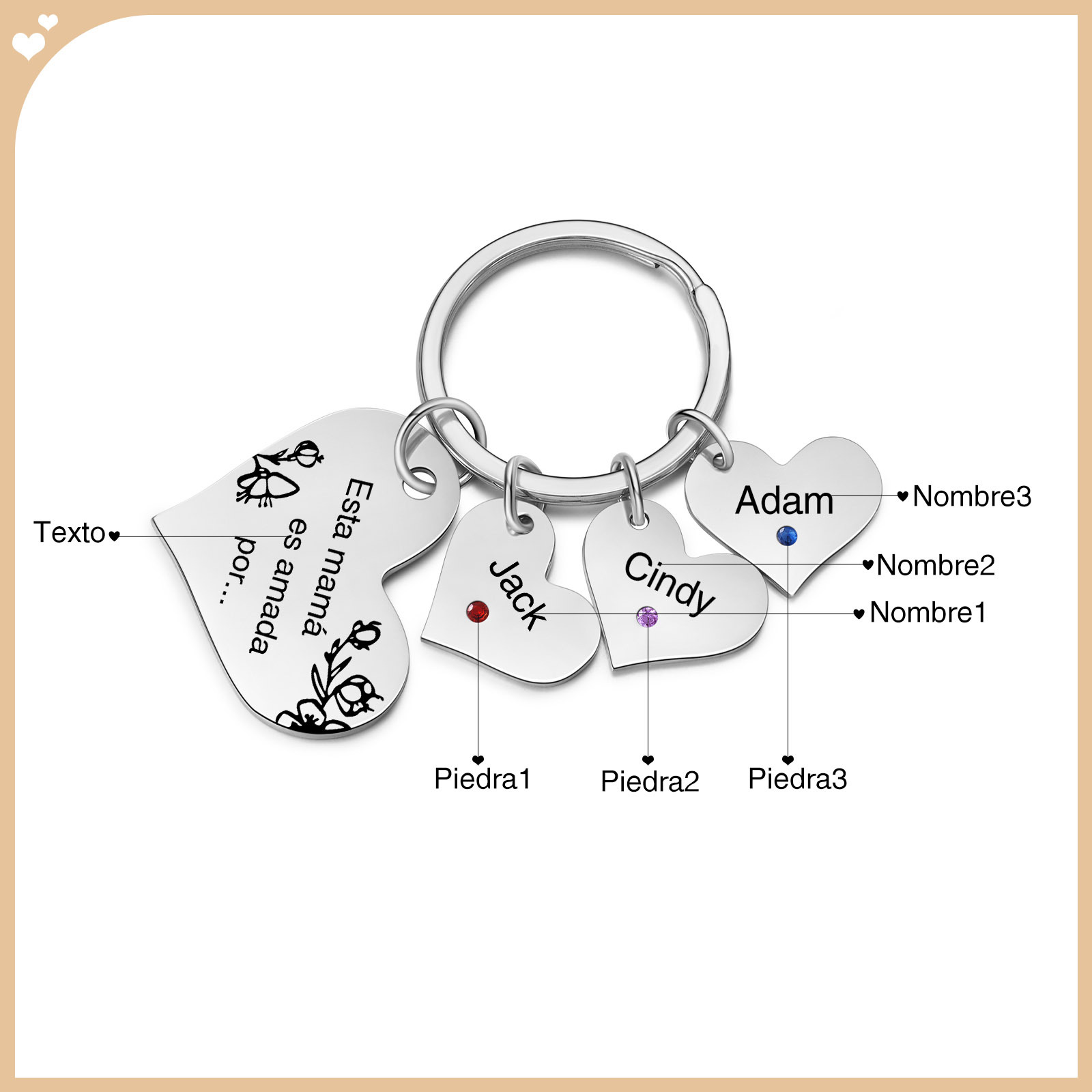 A mi mamá/abuela - Llavero con 3 nombres y piedras de nacimiento personalizados en corazones con texto-Jessemade ES