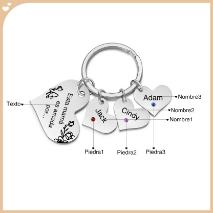 A mi mamá/abuela - Llavero con 3 nombres y piedras de nacimiento personalizados en corazones con texto-Jessemade ES