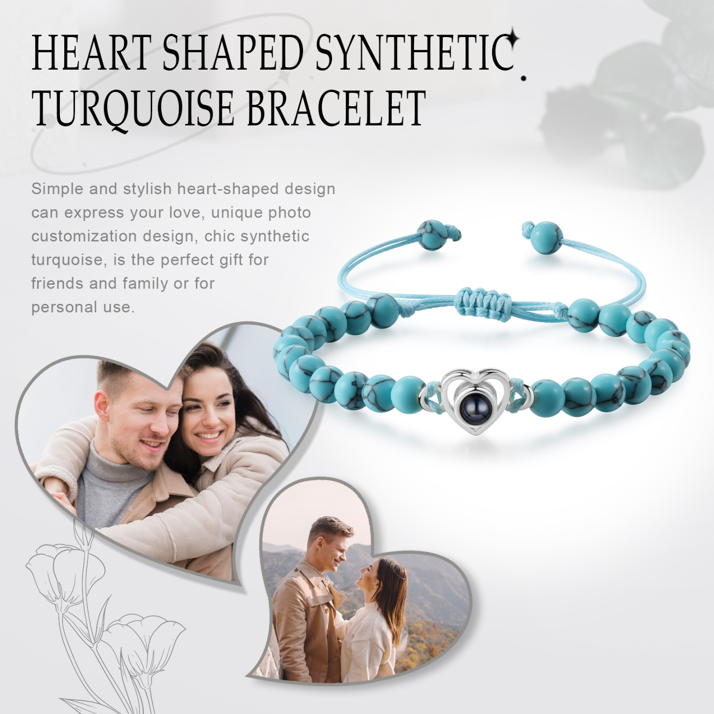 Pulsera de turquesa verde sintética con proyección de foto en color con dije de corazón pulsera ajustable-Jessemade ES