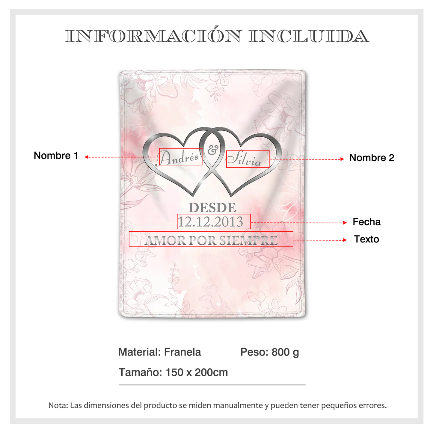 Pareja-Manta de buen calidad de corazones conectados personalizada con nombres, texto y fecha 4 colores-Jessemade ES