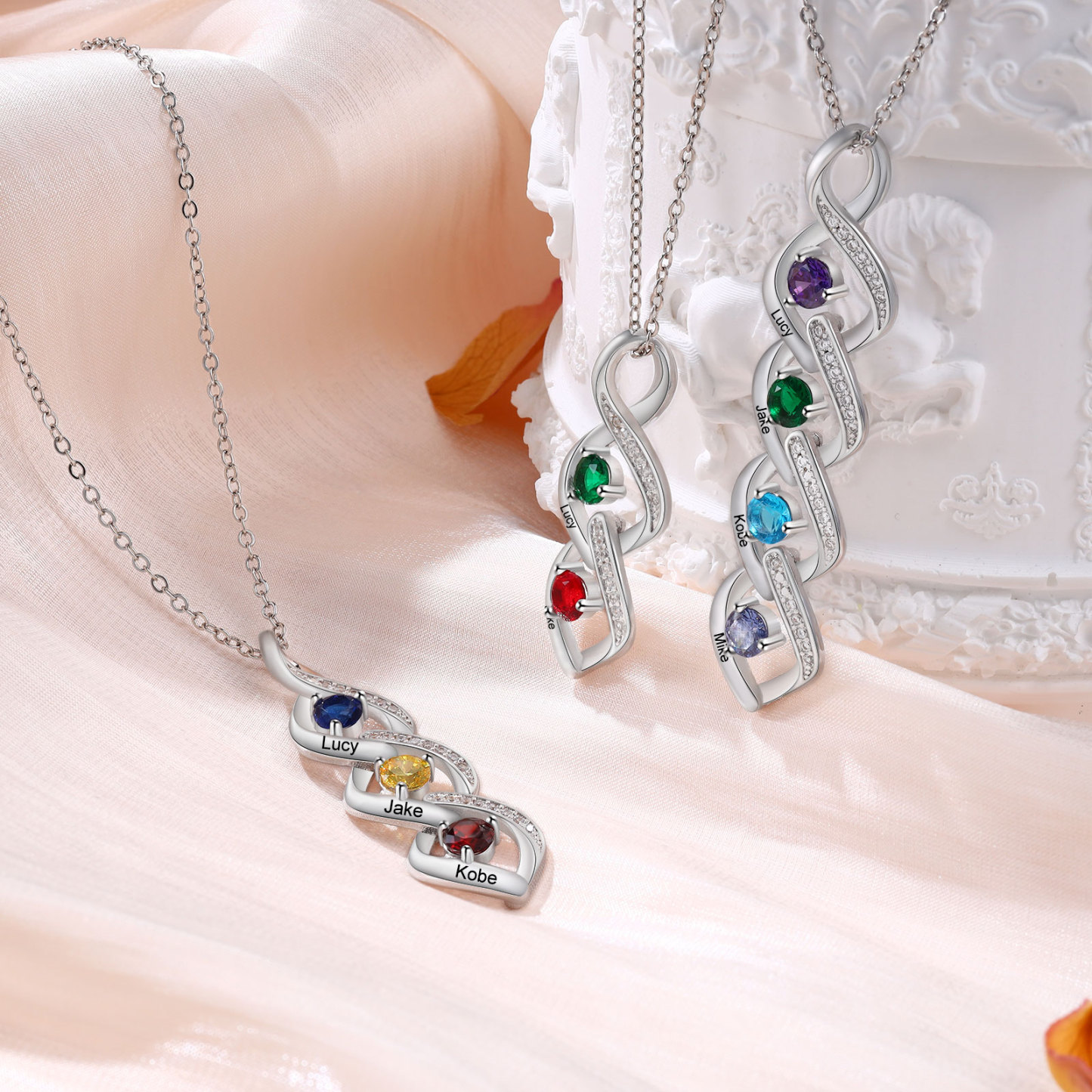 Collar DNA con 2-4 nombres personalizados y 2-4 piedras de nacimiento-Jessemade ES