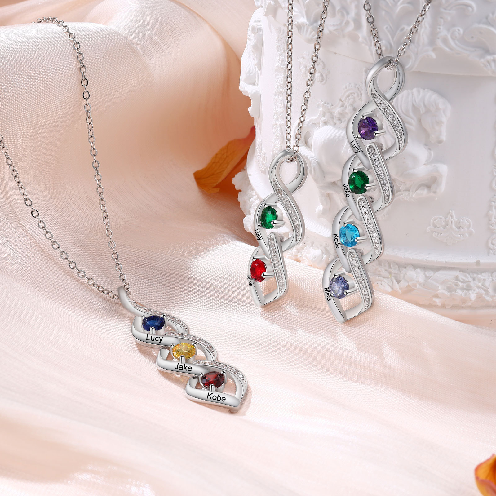 Collar DNA con 2-4 nombres personalizados y 2-4 piedras de nacimiento-Jessemade ES