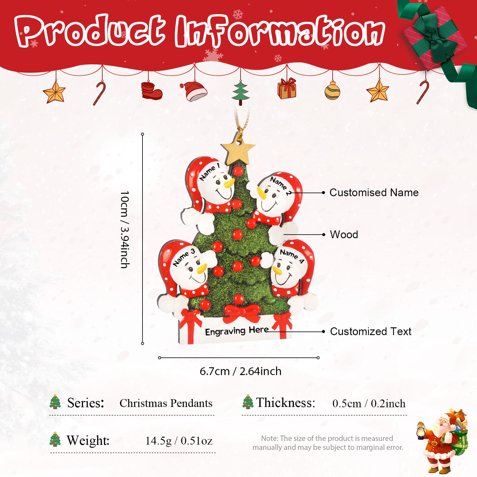 Navidad-Ornamentos Navideños de Madera Árbol y muñecos de nieve 4 Nombres con Texto Personalizados
