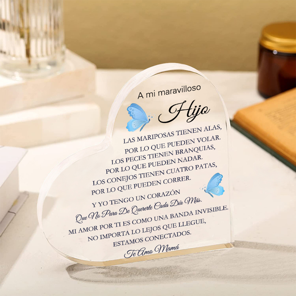 A mi hijo-Placa de acrílico en forma de corazón con 1 texto personalizado-Jessemade ES