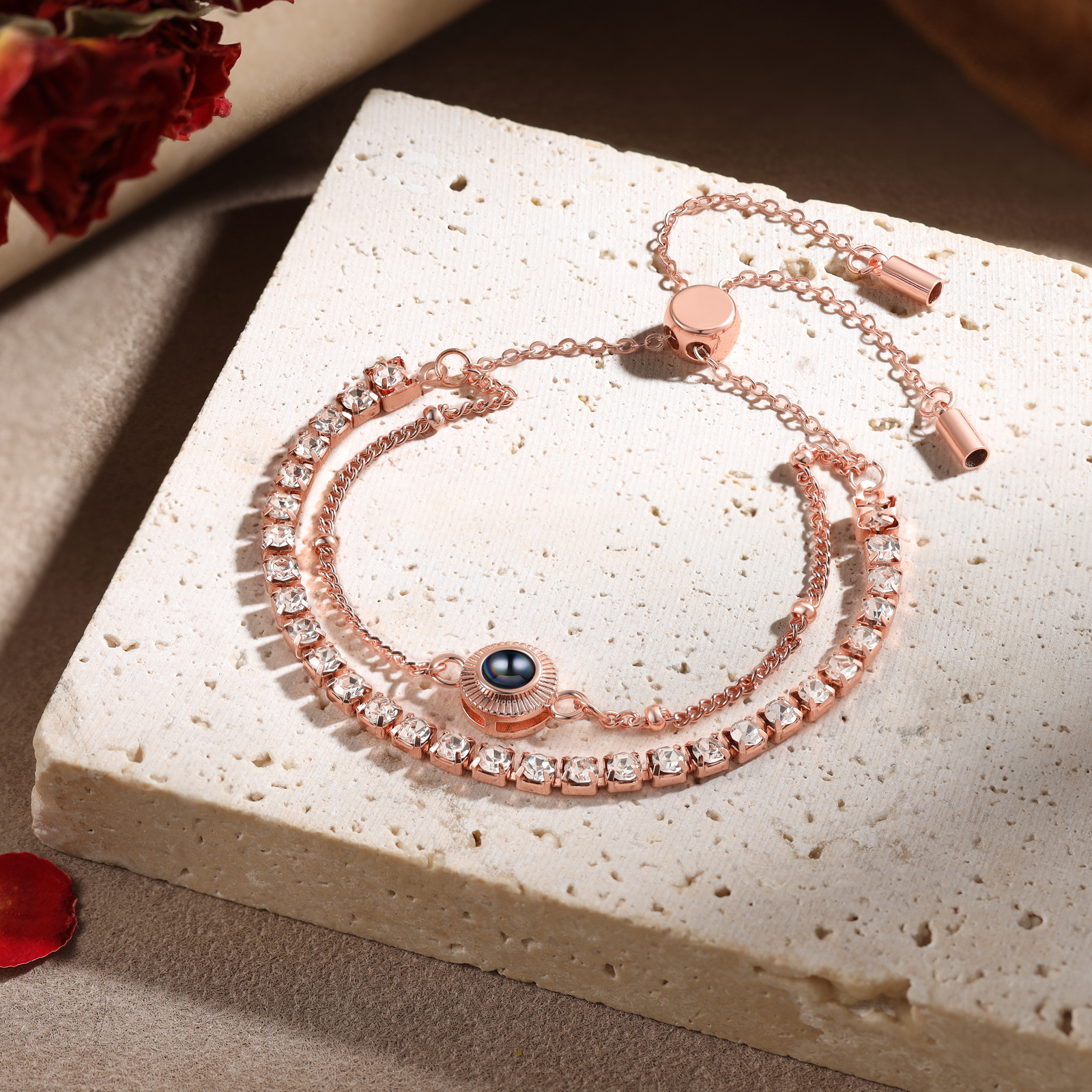 Pulsera de proyección de foto personalizada con doble fila de pedrería, pulsera ajustable para mujer