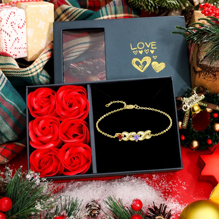 Pulsera infinito personalizada con 2 nombres y 2 piedras de nacimiento de corazón-Jessemade ES