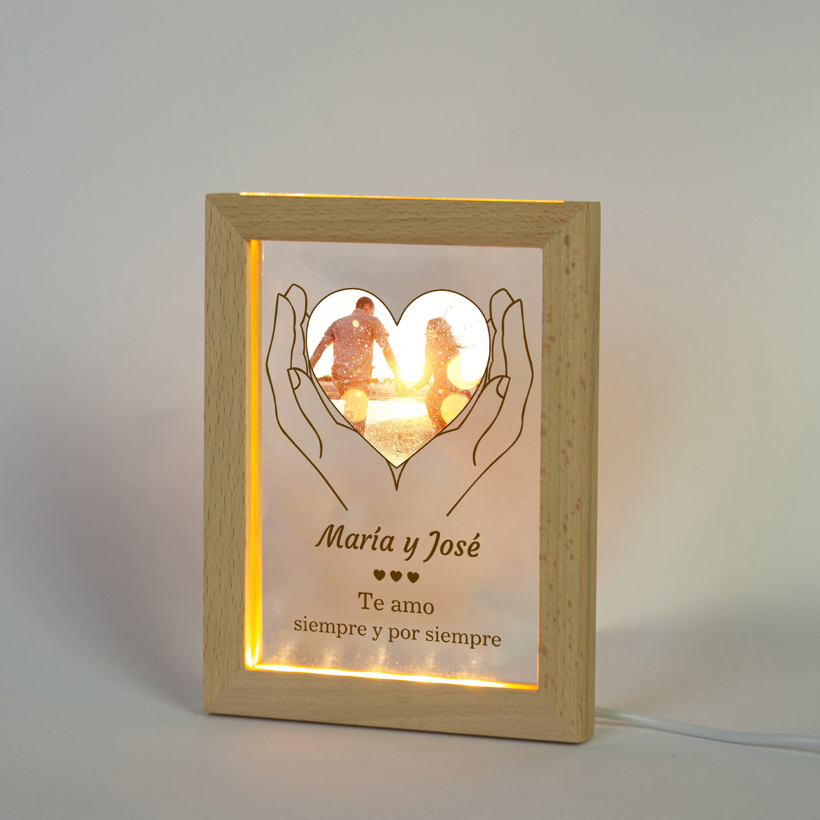 Marco con lámpara de 1 foto de madera para pareja 1 texto personalizado-Jessemade ES