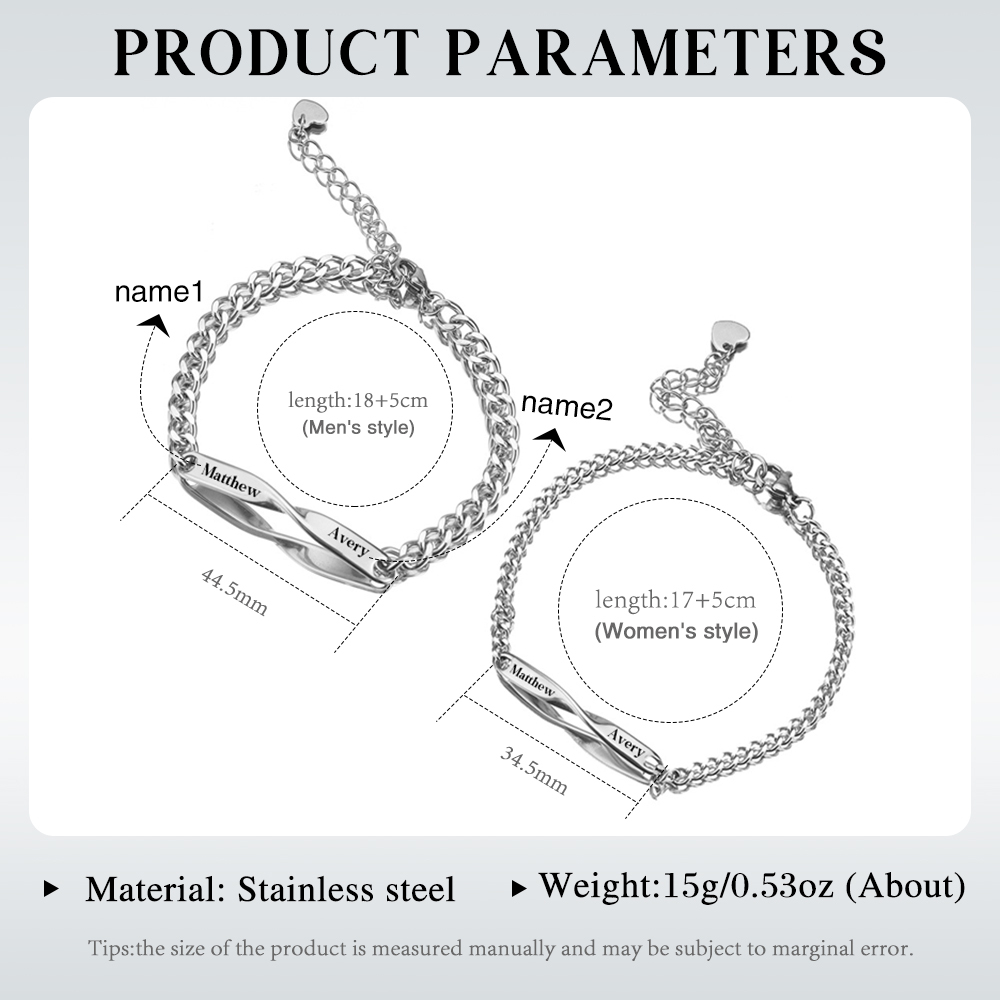 Pulsera ajustable de acero con 2 nombres personalizados para pareja | Jessemade