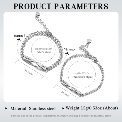 Pulsera ajustable de acero con 2 nombres personalizados para pareja | Jessemade