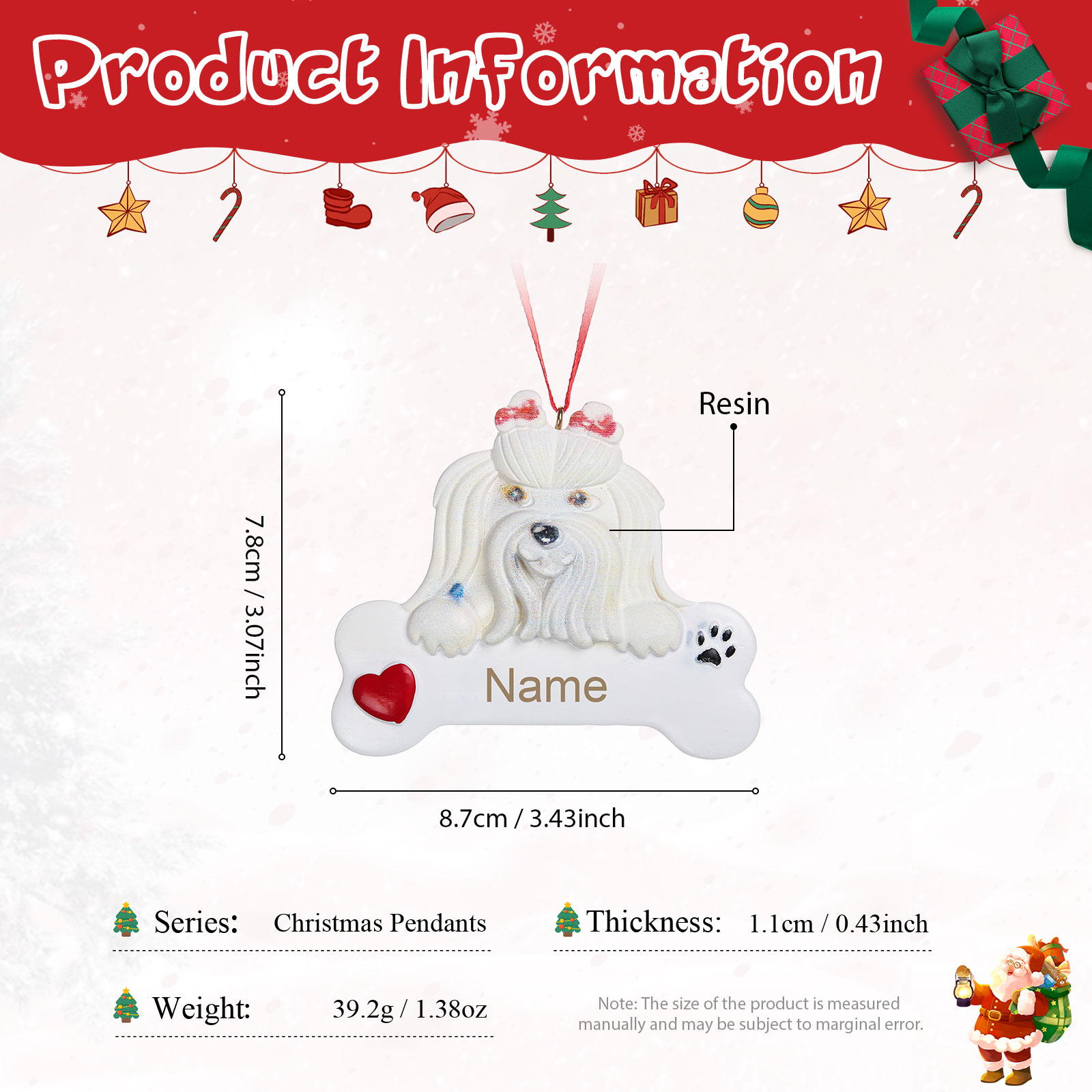 Navidad-Ornamento navideño de resina mascota perro Bichón maltés 1 nombre personalizado adorno del árbol-Jessemade ES