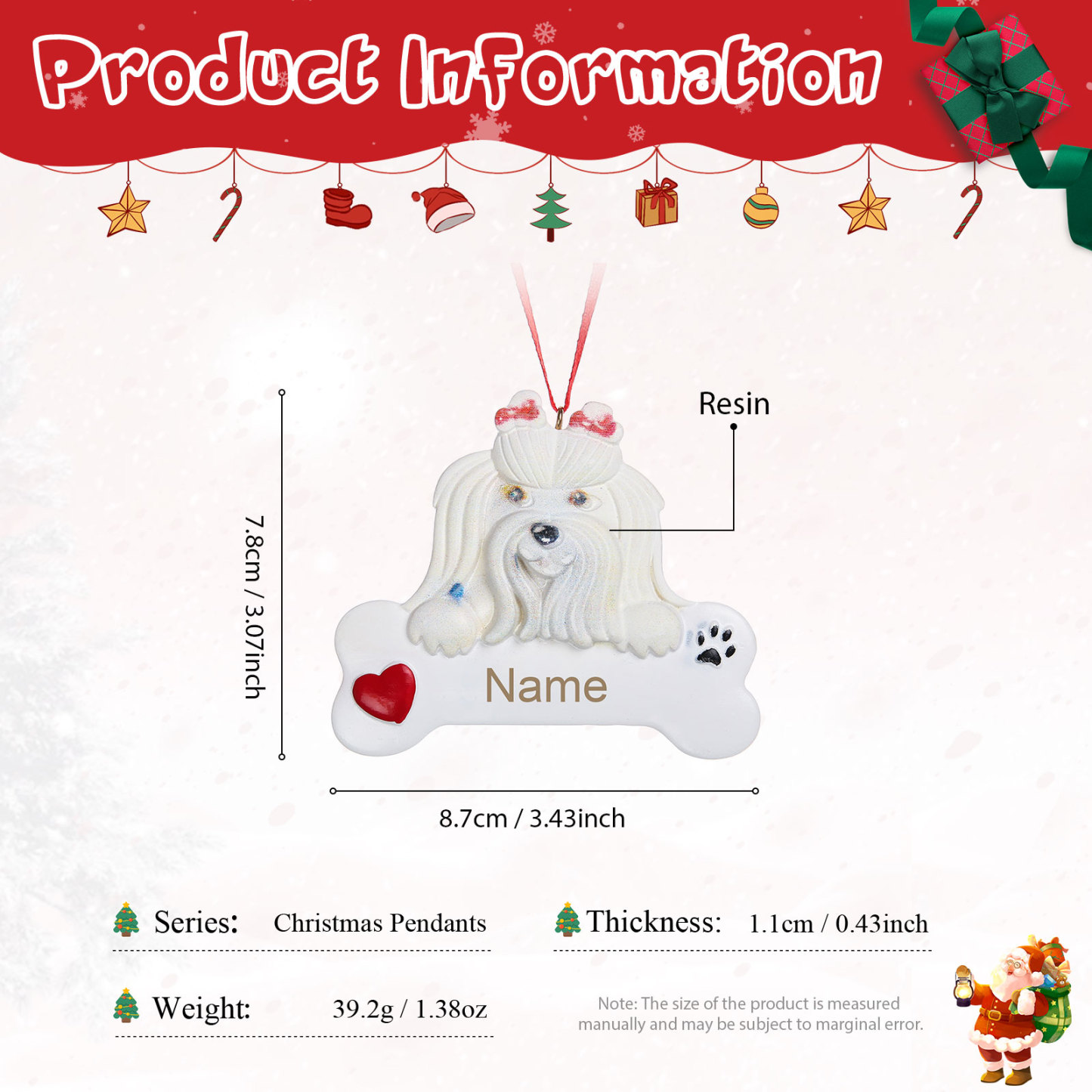 Navidad-Ornamento navideño de resina mascota perro Bichón maltés 1 nombre personalizado adorno del árbol-Jessemade ES