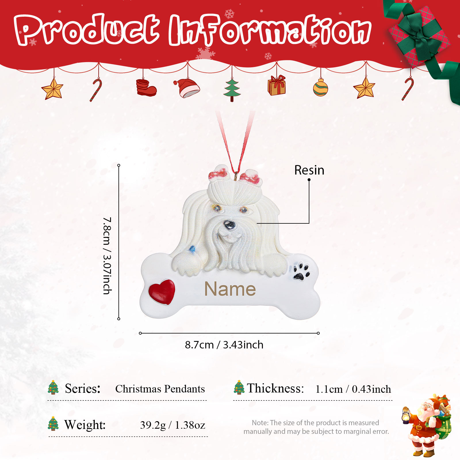 Navidad-Ornamento navideño de resina mascota perro Bichón maltés 1 nombre personalizado adorno del árbol-Jessemade ES