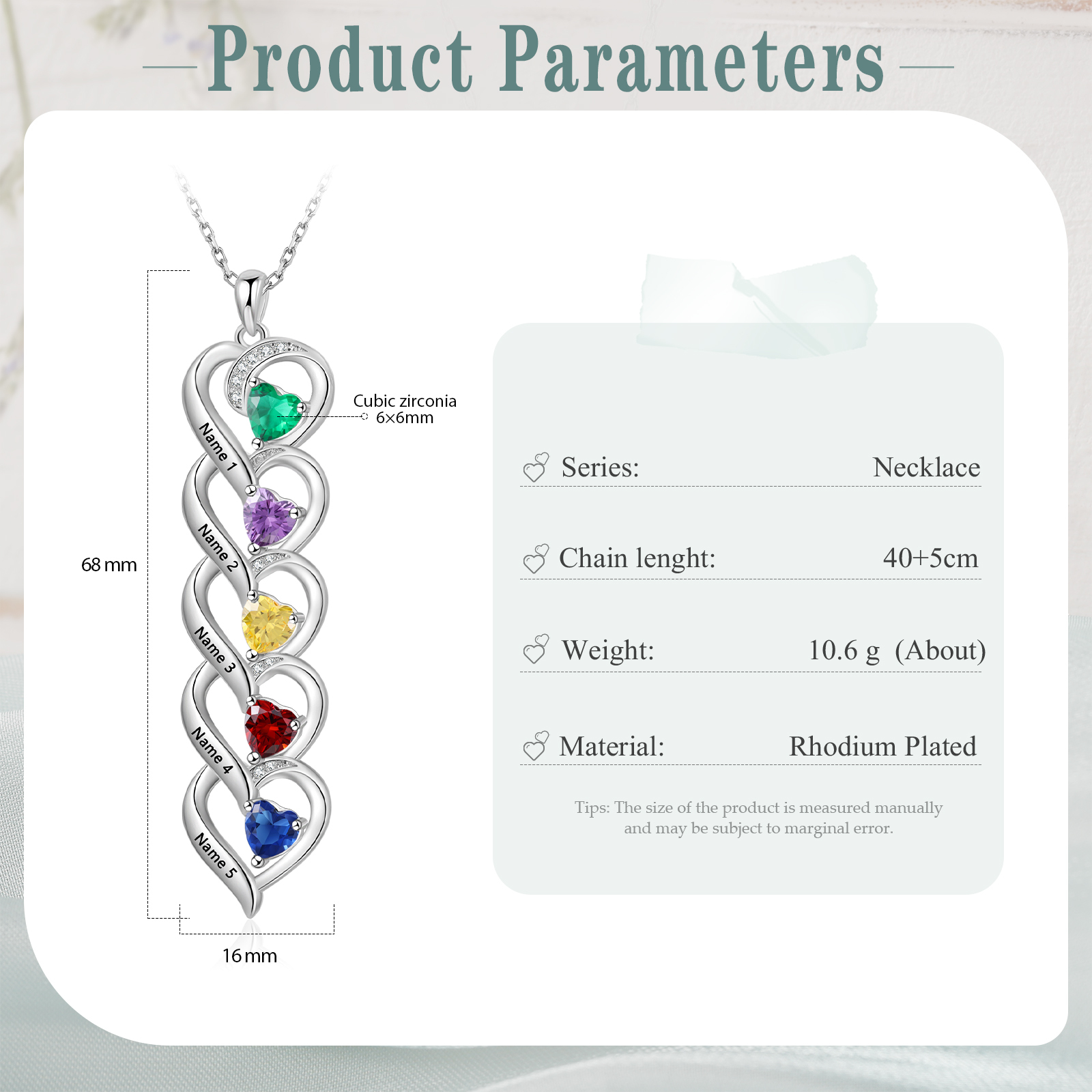 Collar de cinco corazones con 5 nombres y piedras de nacimiento personalizados-Jessemade ES