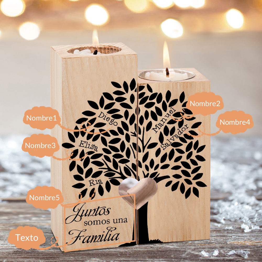 A la familia-Candelero de árbol de la vida de madera personalizado con 2-10 nombres y 1 texto sin vela-Jessemade ES