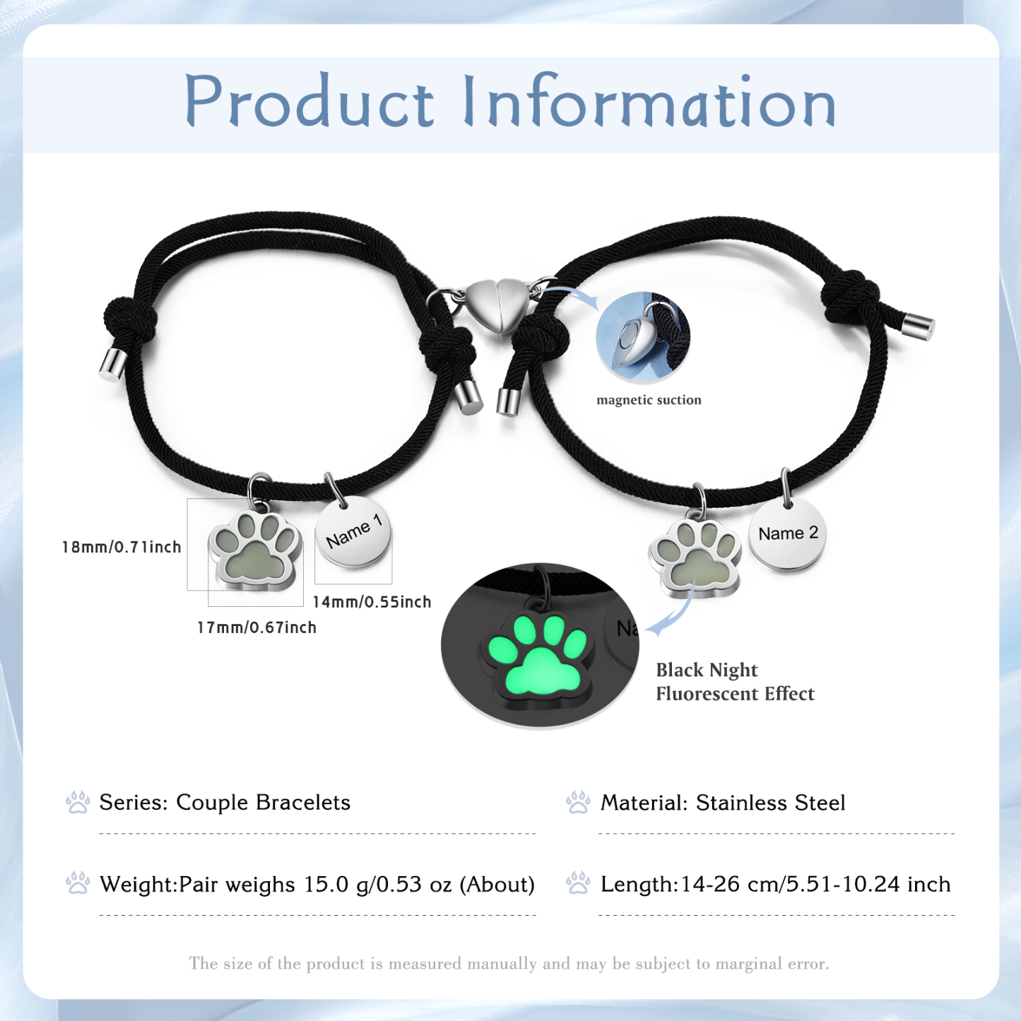 Pulsera para pareja de pata fluorescente 2 nombres personalizados con dije de corazón magnético-Jessemade ES