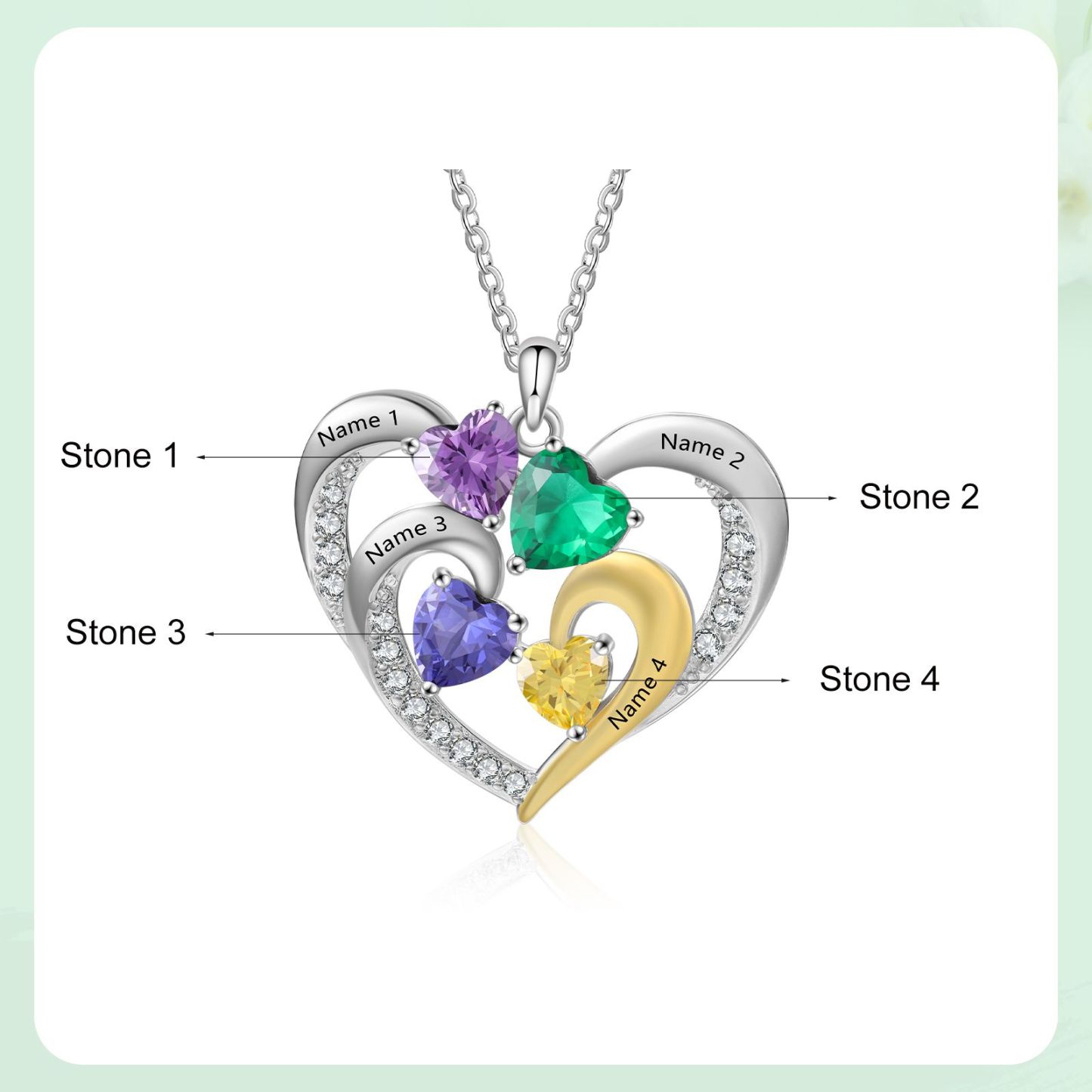 Collar corazón con 4 nombres y 4 piedras de nacimiento personalizados-Jessemade ES