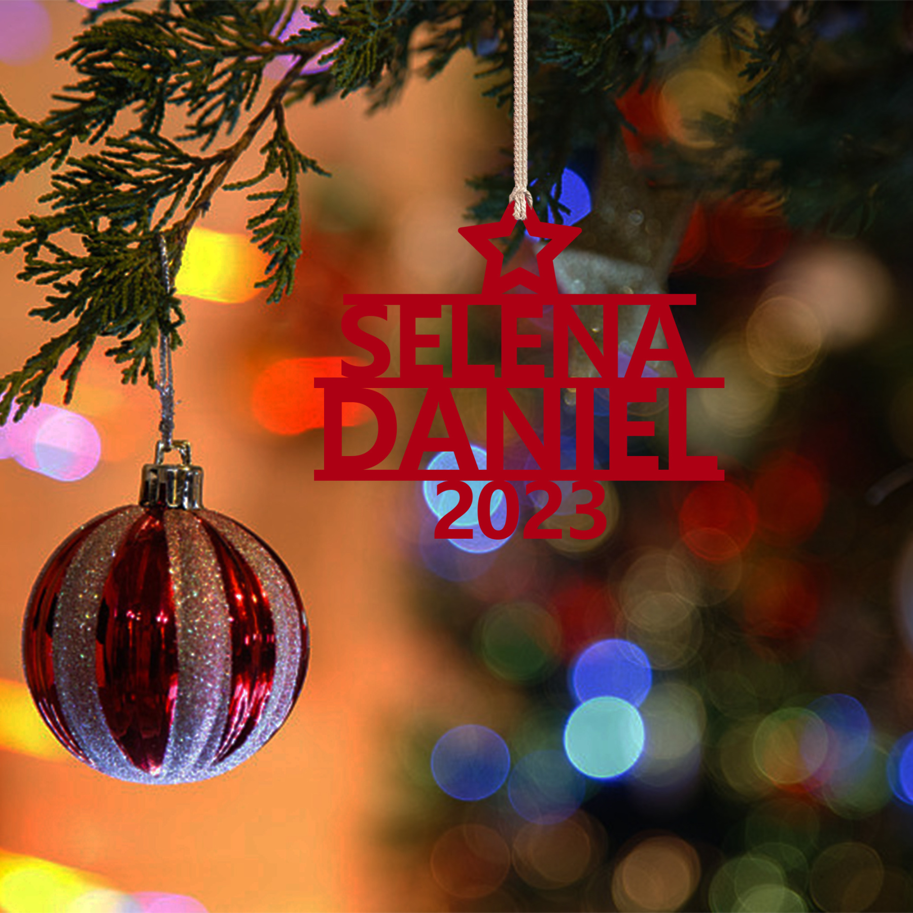 Navidad-Ornamento navideño de madera árbol de nombres con 2 nombres y año personalizados