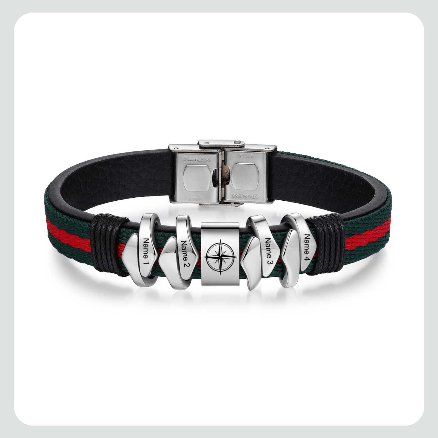 Pulsera 4 Nombres Personalizados de Cuero y Cuerda con Aros-Jessemade ES