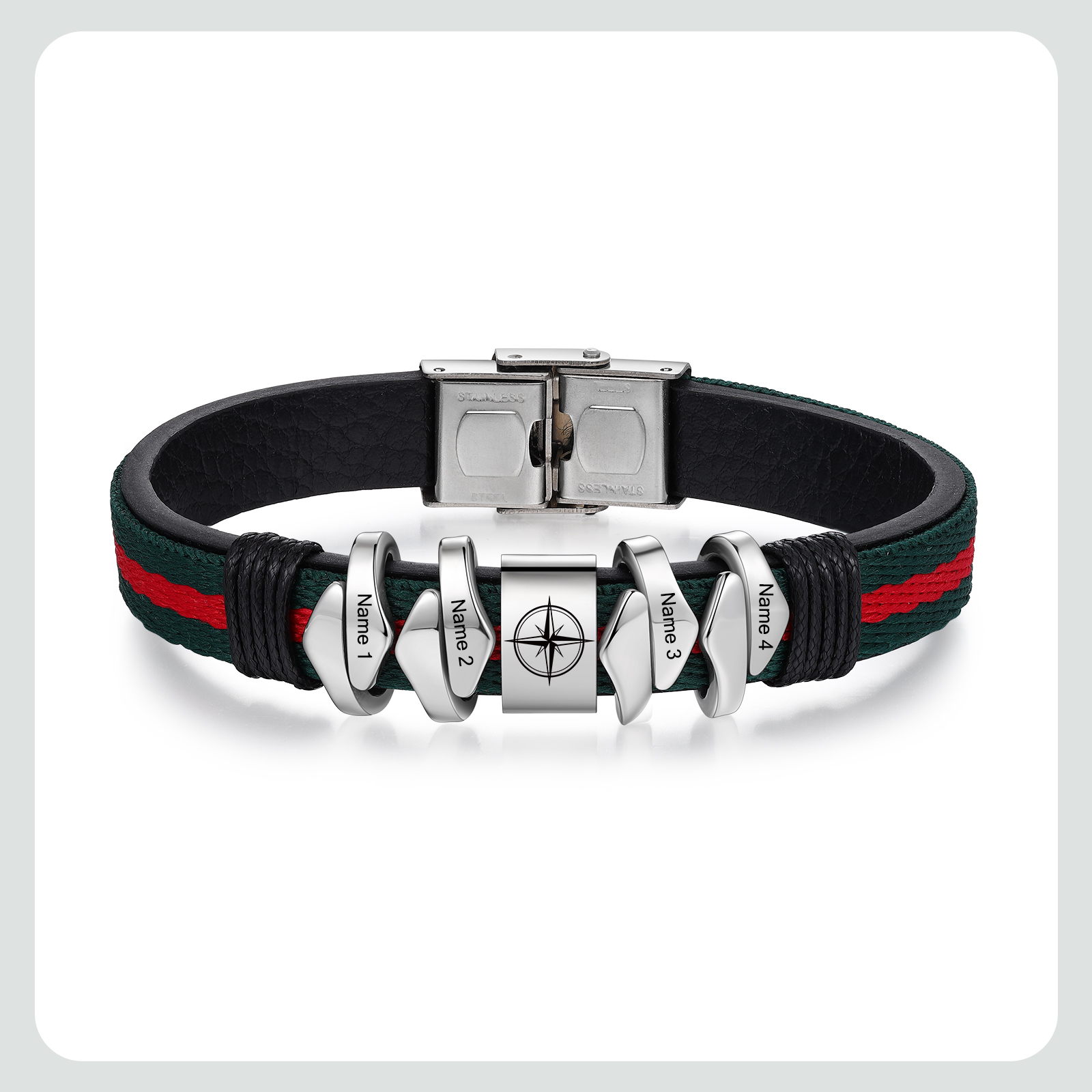 Pulsera 4 Nombres Personalizados de Cuero y Cuerda con Aros-Jessemade ES