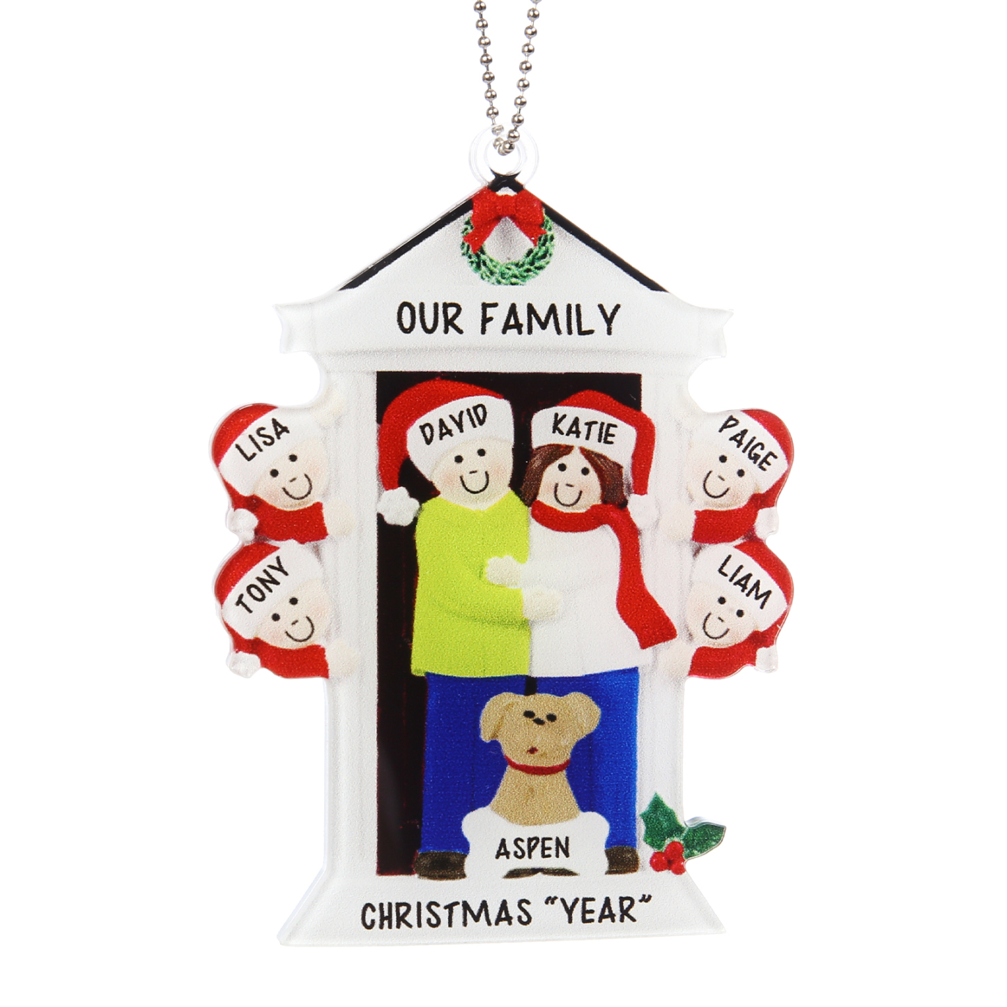 Navidad-Ornamentos Navideños de Acrílico Familia en Puerta con Perro 7 Nombres Personalizados con 2 Textos-Jessemade ES