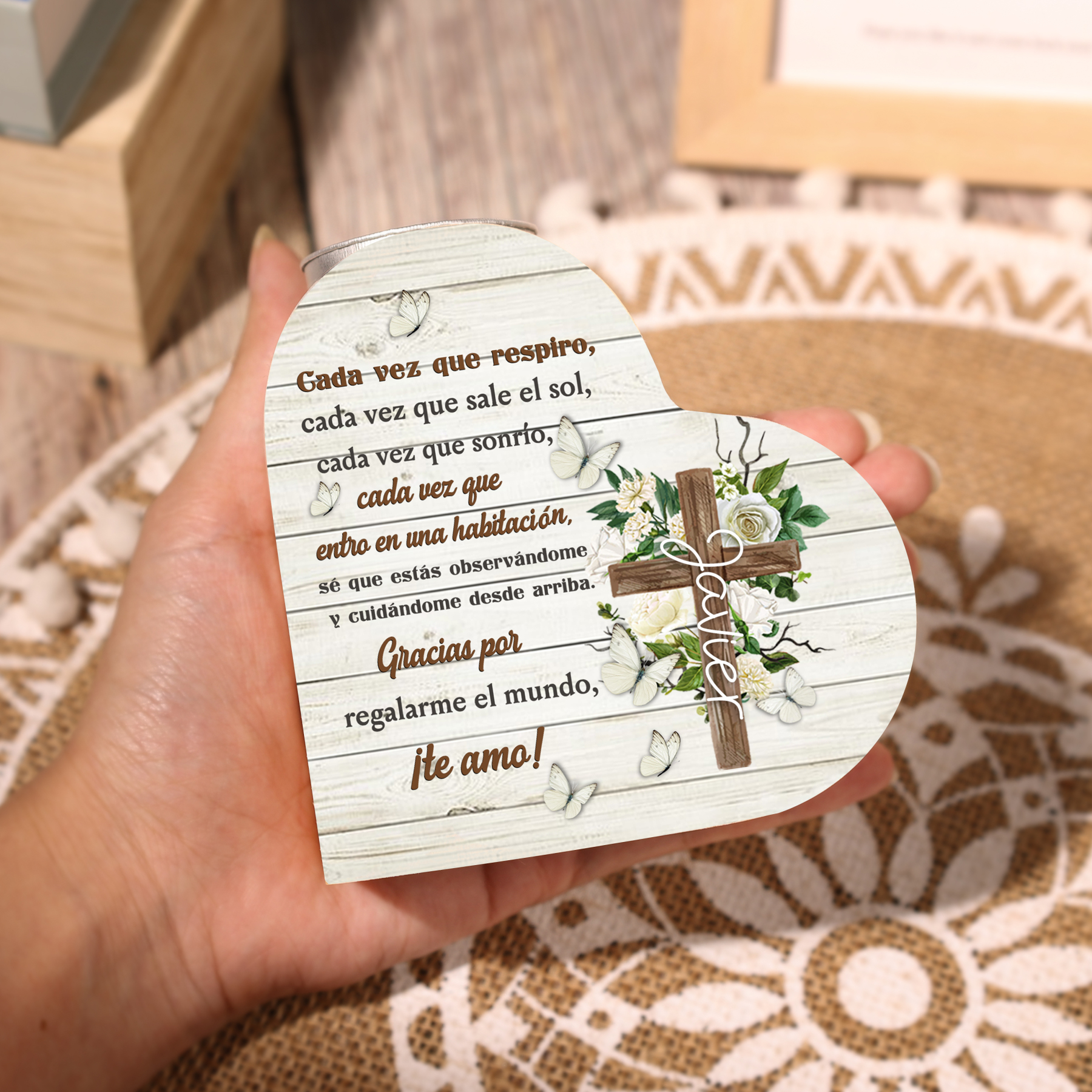 Navidad en el paraíso-Candelero de corazón en memoria de ser querido personalizado con nombre de madera sin vela-Jessemade ES