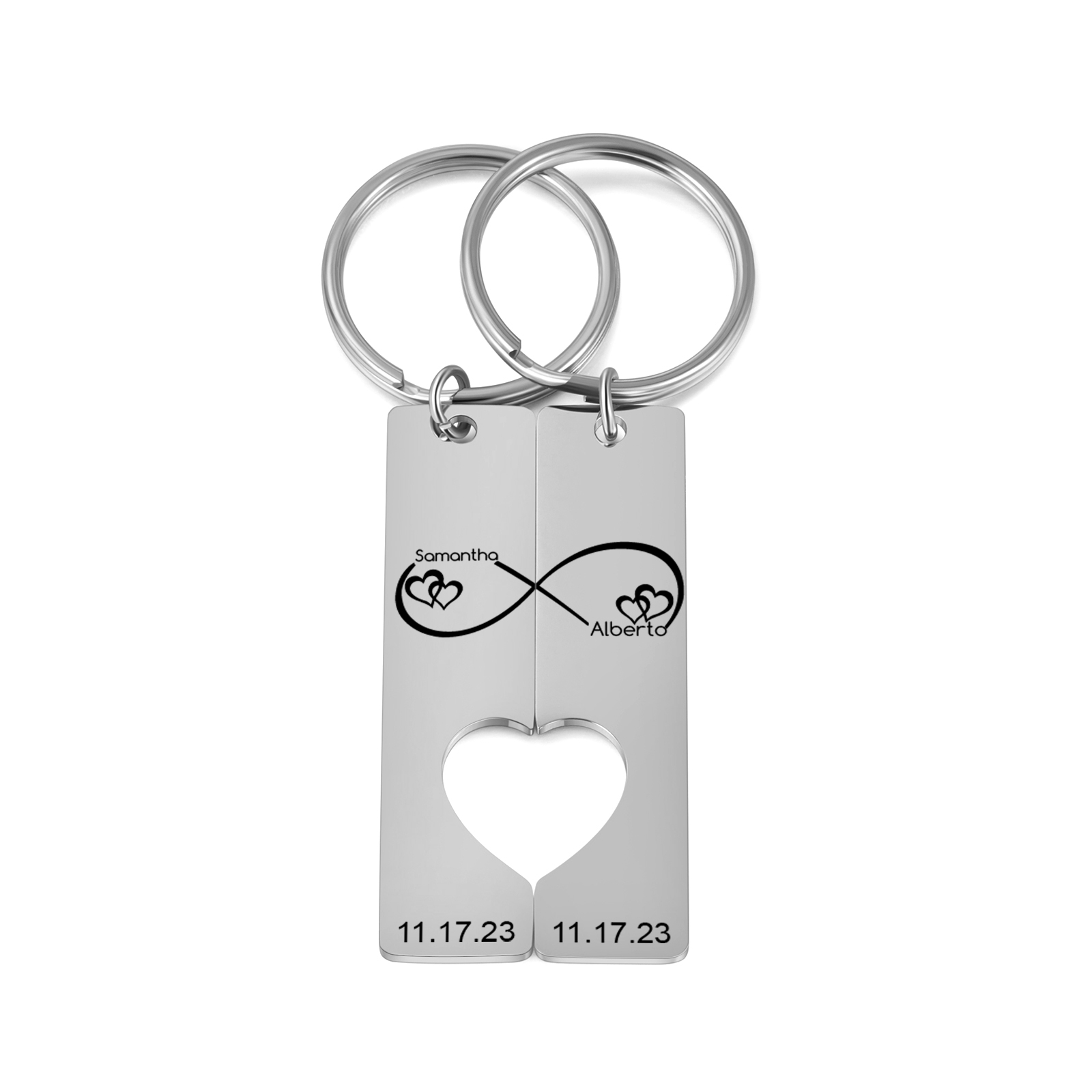 Llavero con corazón encajado para pareja nudo infinito 2 nombres personalizados con fecha-Jessemade ES