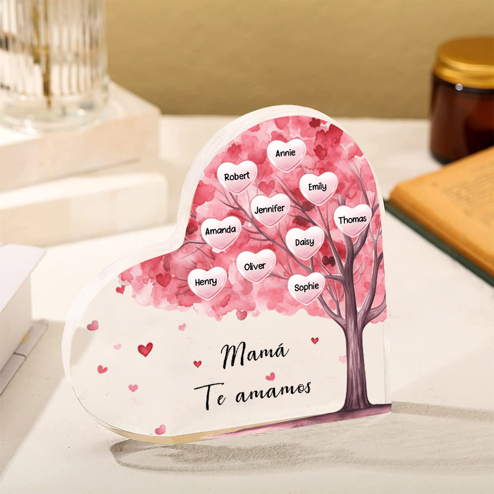 A mi mamá/abuela-Placa de acrílico "Árbol" en forma de corazón 10 nombres y 1 texto personalizados-Jessemade ES
