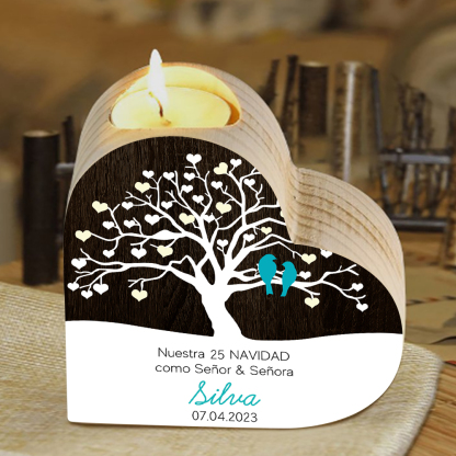 Aniversario de Navidad-Candelero de madera para pareja con pájaros de amor sin vela personalizado con apellido, fecha y número-Jessemade ES