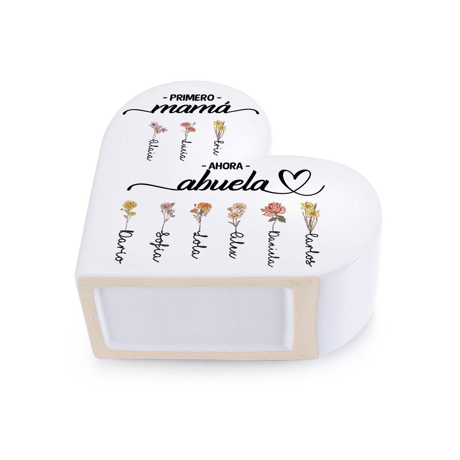 Jarrón de corazón de cerámica personalizado con 2 a 12 flores de nacimiento y nombre a elegir