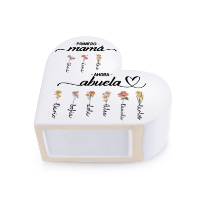 Jarrón de corazón de cerámica personalizado con 2 a 12 flores de nacimiento y nombre a elegir