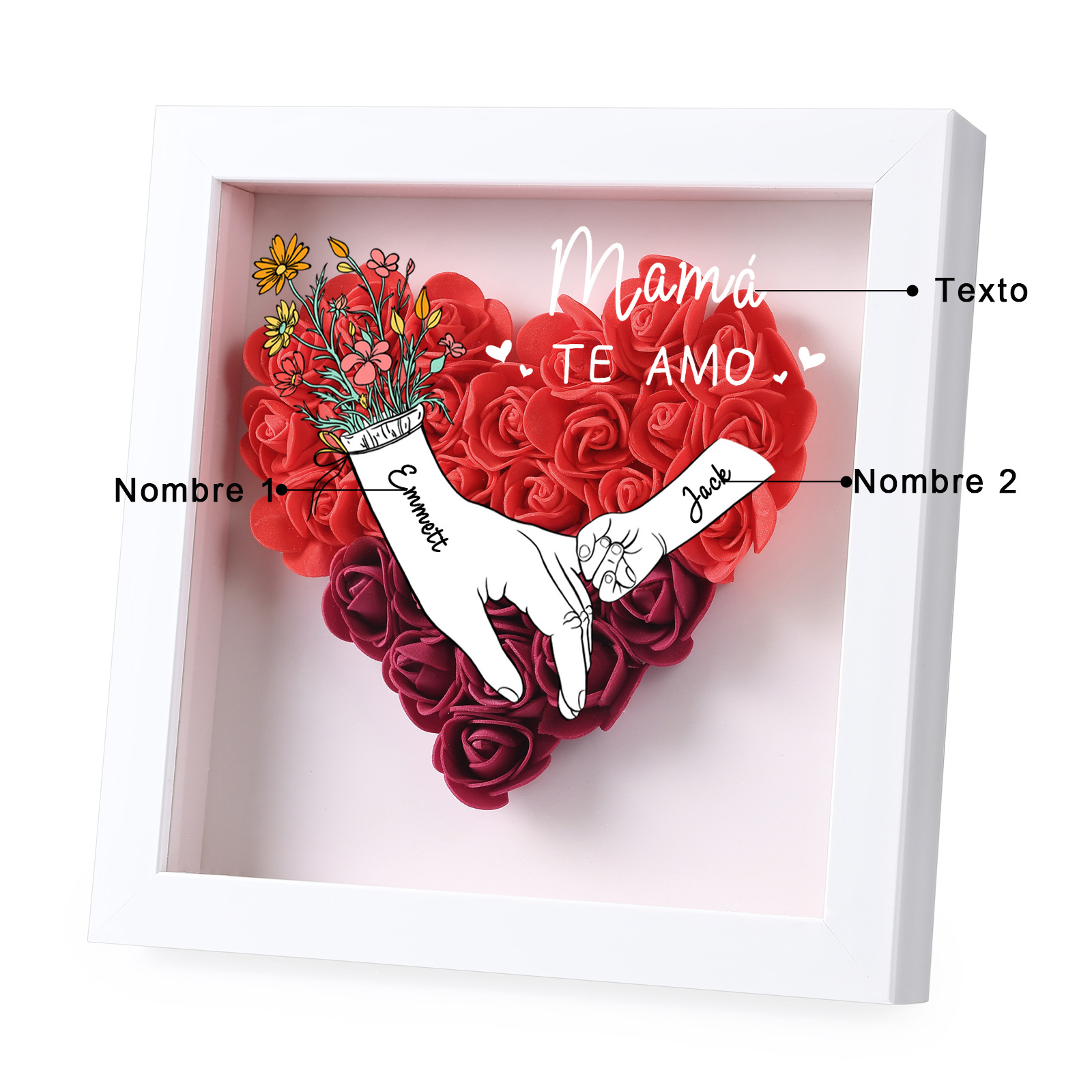 A mi mamá/abuela-Marco de flores de madera mano con mano personalizado con 2 nombres y 1 texto | Jessemade