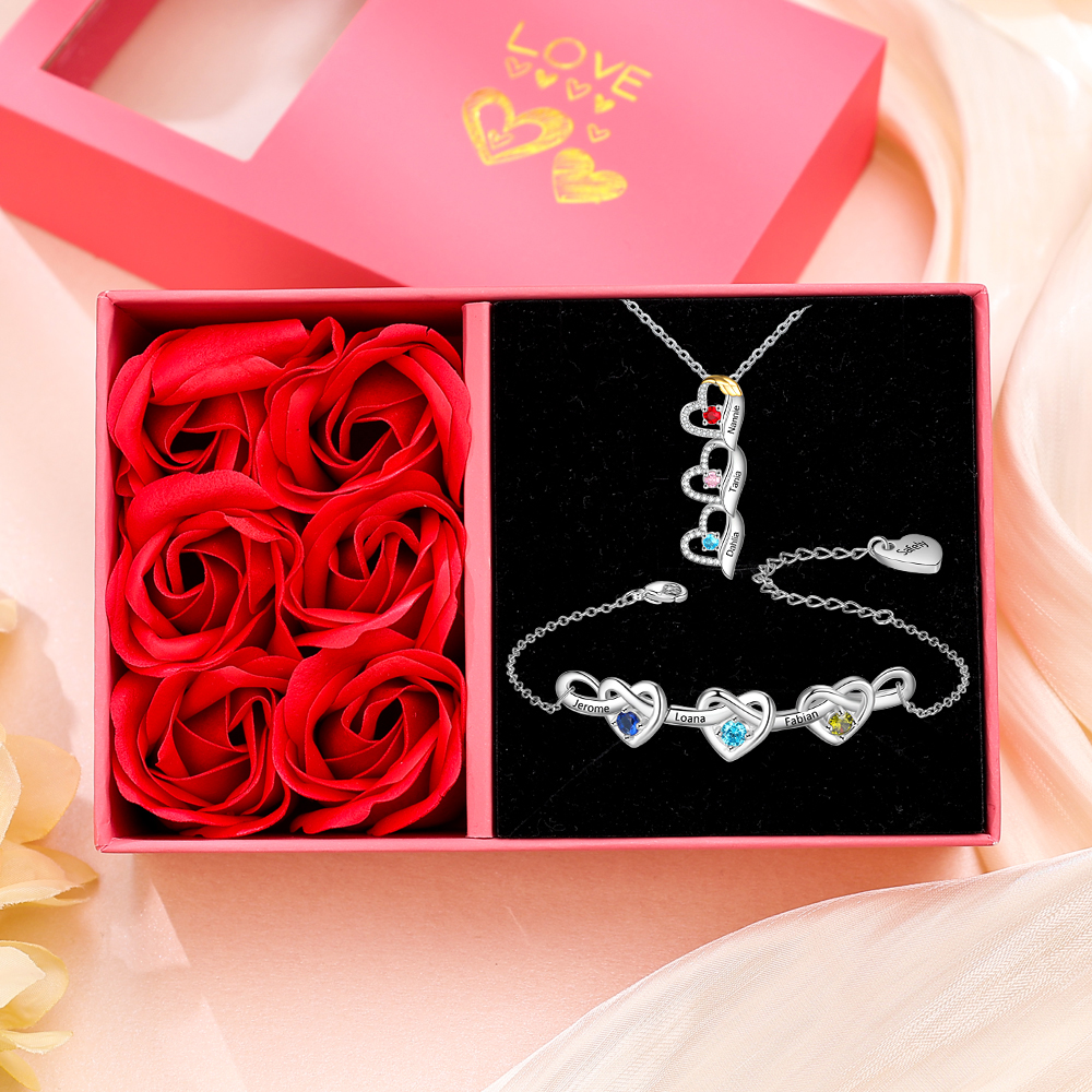 Kit de regalo-Collar y pulsera de corazón con 3 piedras de nacimiento y 3 nombres personalizados para mujer | Jessemade