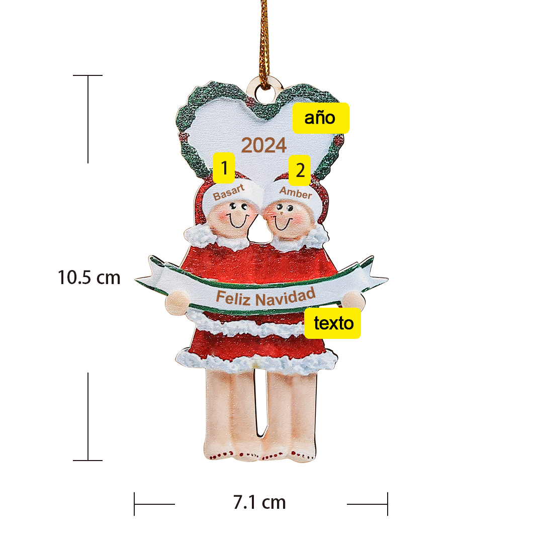 Navidad-Ornamento con Muñecos de Pareja/Amigas 2 Nombres, Año y Texto Personalizados Adorno de Madera-Jessemade ES