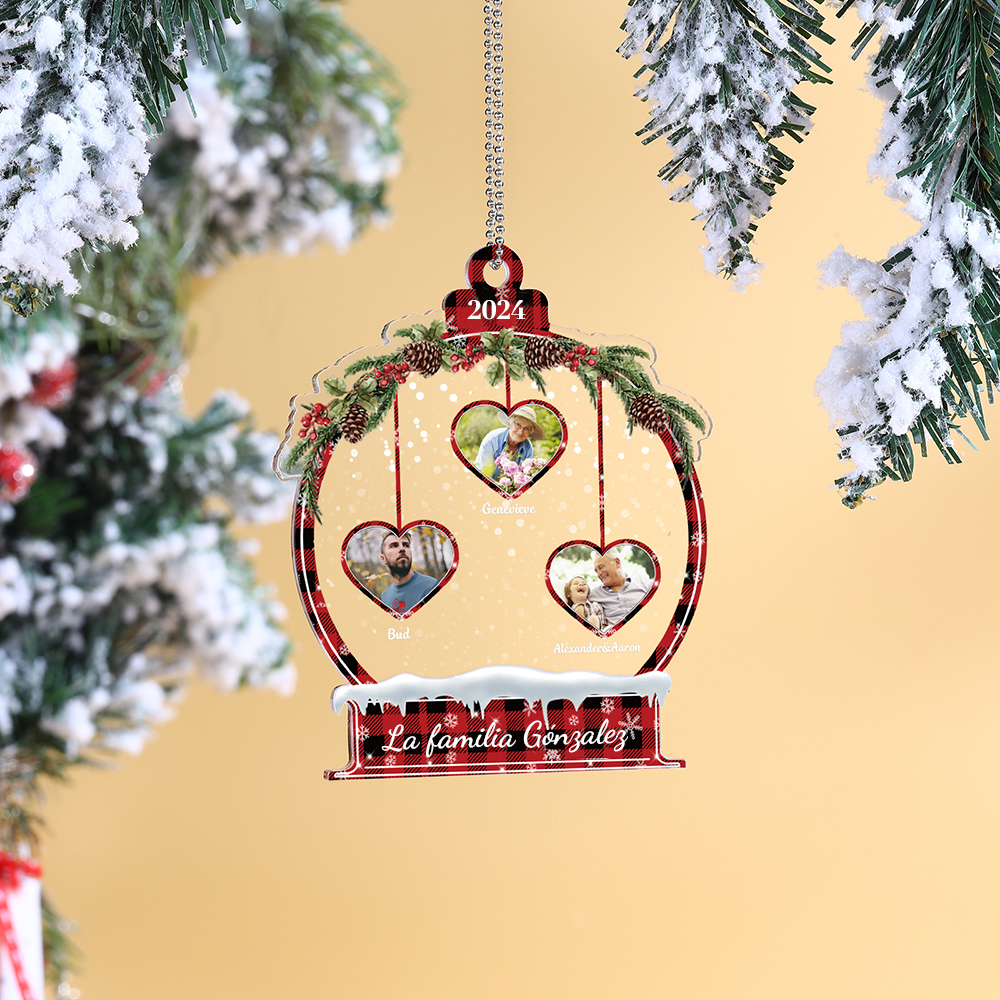 Navidad-Ornamento navideño de acrílico bola de cristal con 3 nombres, 3 fotos y 1 texto personalizados-Jessemade ES