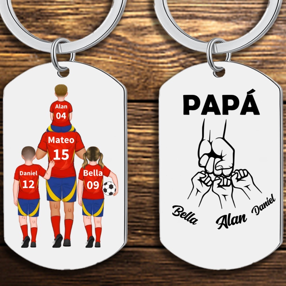 A mi papá-Llavero de placa con fútbol y puño con puño personalizado con 1-4 nombres, números y figuras-Jessemade ES