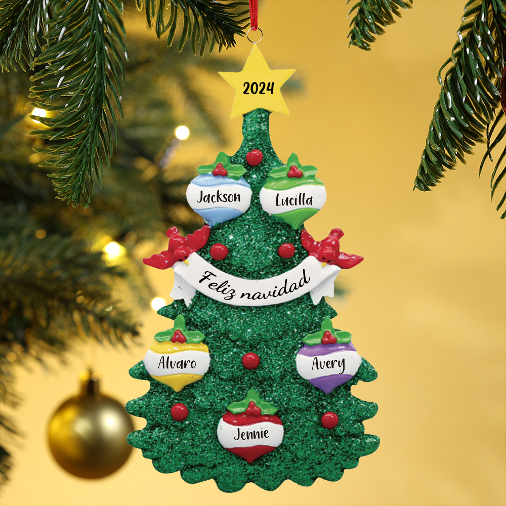Navidad-Ornamento muñecos navideño de madera en forma de árbol 5 nombres, 1 texto y 1 año personalizados adorno del árbol-Jessemade ES