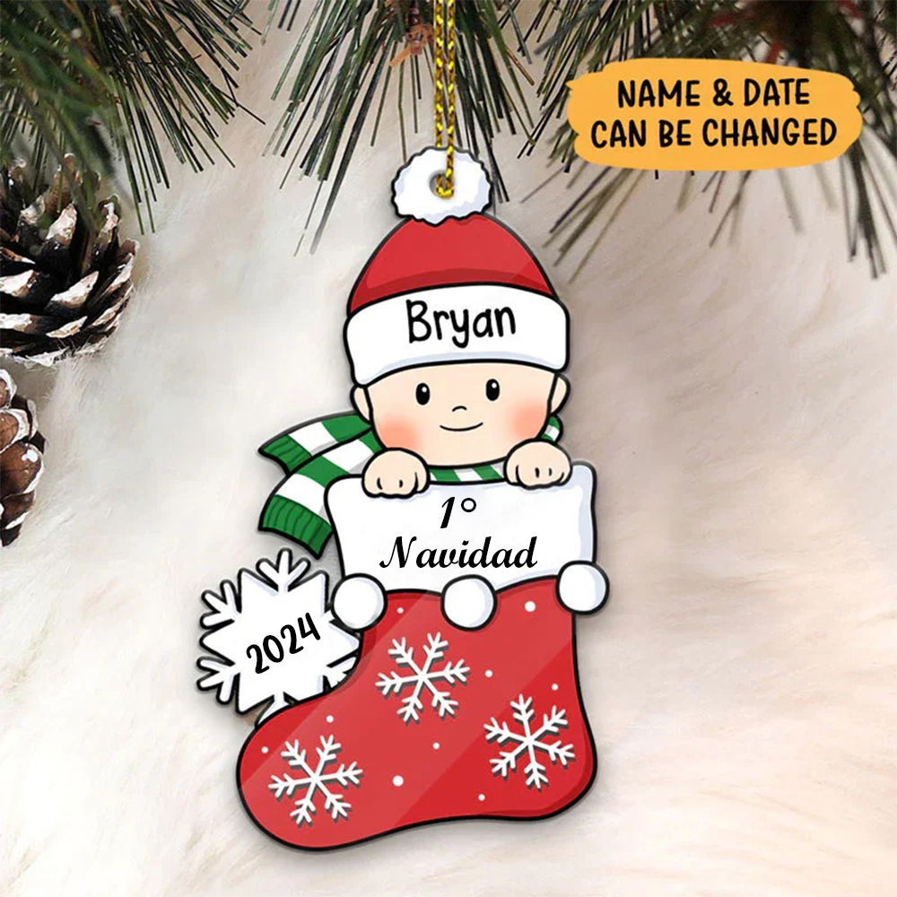 Navidad-Bebé Ornamento Navideño 1 nombre y año con texto personalizados Adorno de Madera