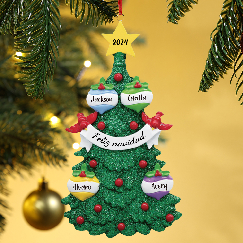Navidad-Ornamento muñecos navideño de madera en forma de árbol 4 nombres, 1 texto y 1 año personalizados adorno del árbol-Jessemade ES
