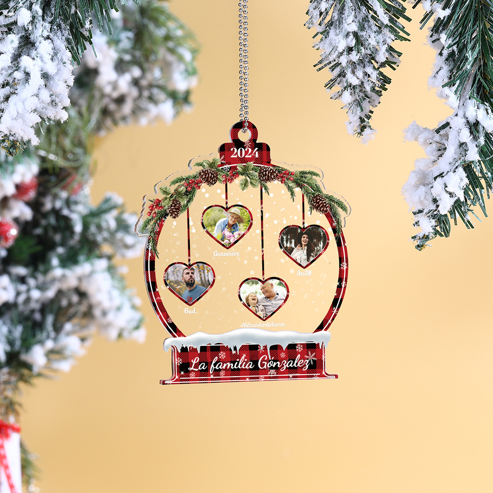 Navidad-Ornamento navideño de acrílico bola de cristal con 4 nombres, 4 fotos y 1 texto personalizados-Jessemade ES