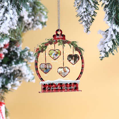 Navidad-Ornamento navideño de acrílico bola de cristal con 4 nombres, 4 fotos y 1 texto personalizados-Jessemade ES
