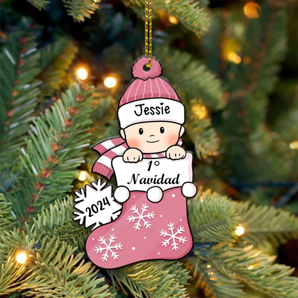 Navidad-Bebé Ornamento Navideño 1 nombre y año con texto personalizados Adorno de Madera