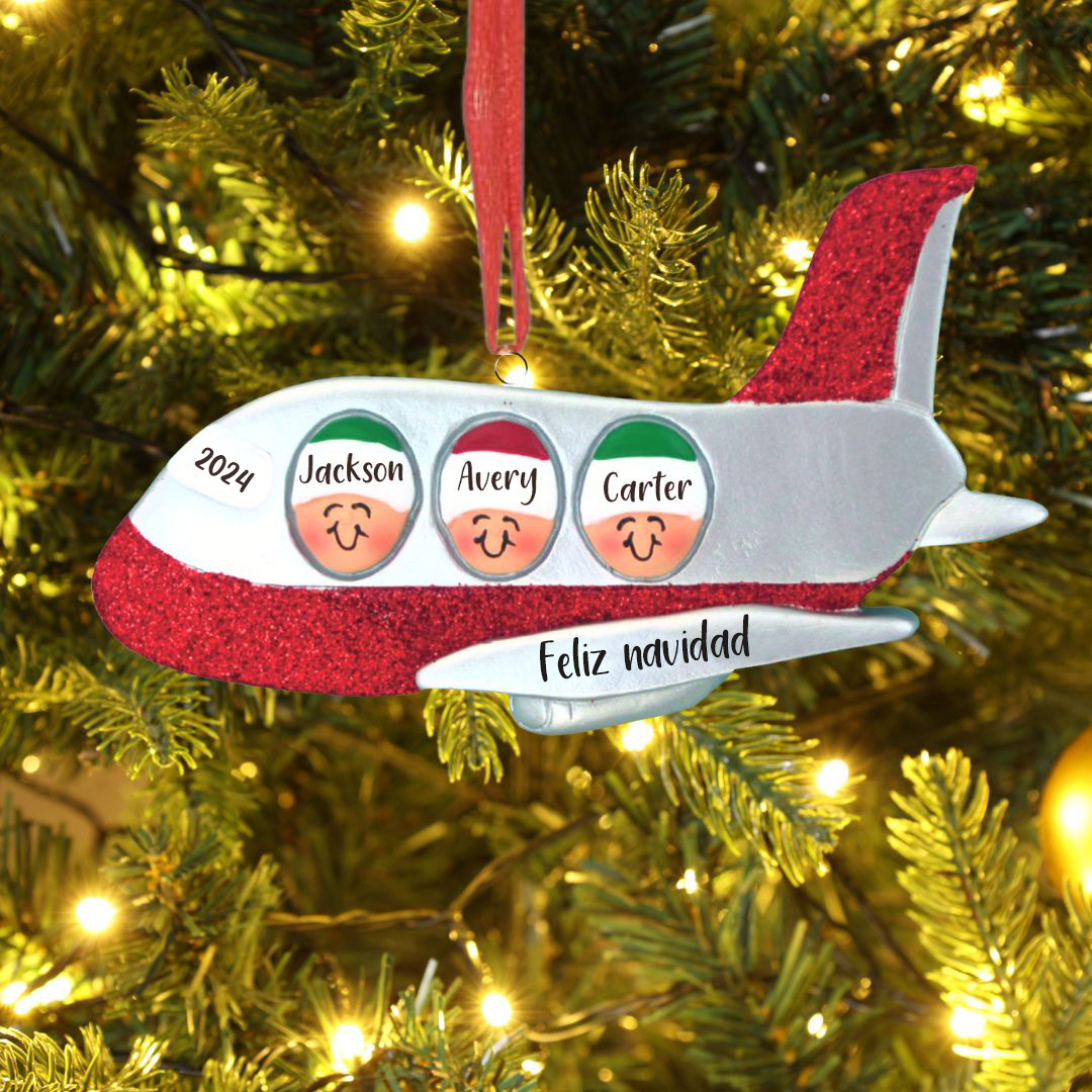 Navidad-Ornamento muñecos navideño de madera viaje en avión 3 nombres, 1 texto y 1 año personalizados adorno del árbol-Jessemade ES