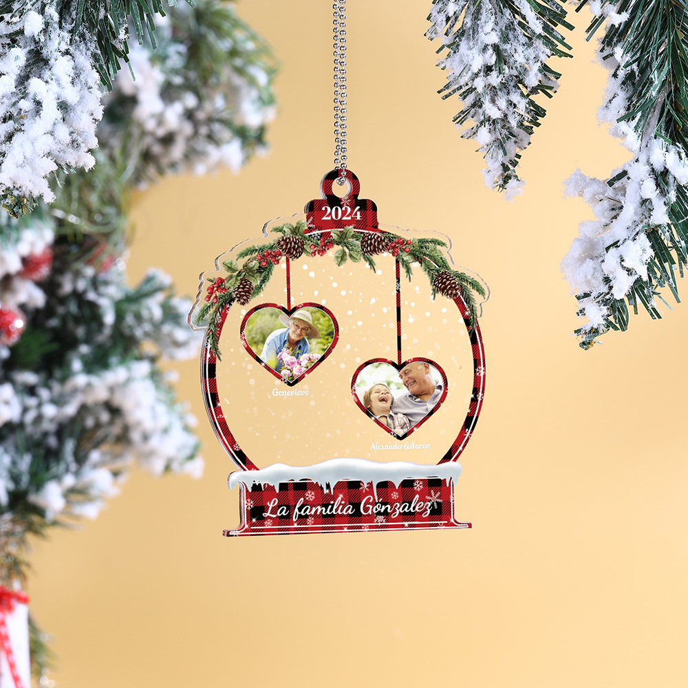 Navidad-Ornamento navideño de acrílico bola de cristal con 2 nombres, 2 fotos y 1 texto personalizados-Jessemade ES
