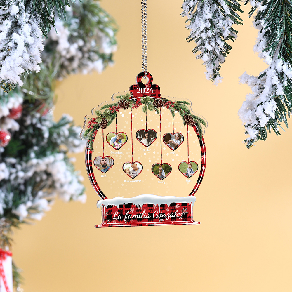 Navidad-Ornamento navideño de acrílico bola de cristal con 7 nombres, 7 fotos y 1 texto personalizados-Jessemade ES