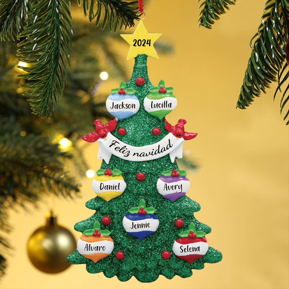 Navidad-Ornamento muñecos navideño de madera en forma de árbol 7 nombres, 1 texto y 1 año personalizados adorno del árbol-Jessemade ES
