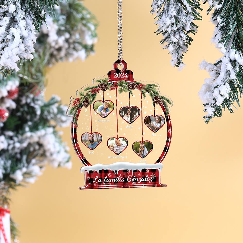 Navidad-Ornamento navideño de acrílico bola de cristal con 6 nombres, 6 fotos y 1 texto personalizados-Jessemade ES