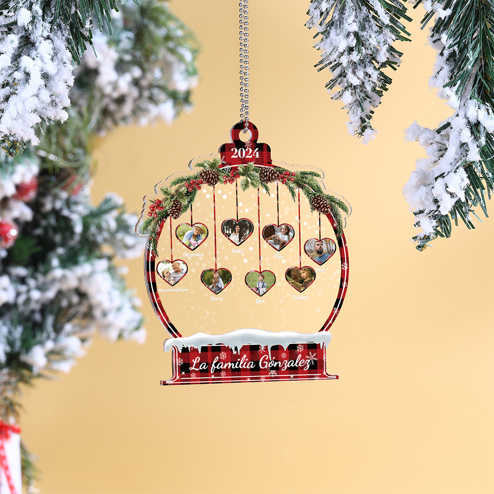 Navidad-Ornamento navideño de acrílico bola de cristal con 8 nombres, 8 fotos y 1 texto personalizados-Jessemade ES