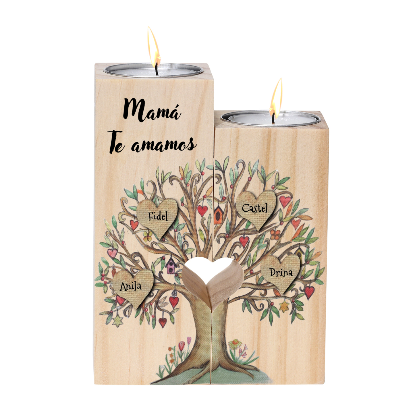 A la familia-Candelero de árbol de la vida de madera personalizado con 3-8 nombres y 1 texto sin vela-Jessemade ES